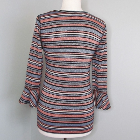 Y2K FREE PEOPLE Multicolor Striped Peplum Sleeve Top Blouse - Picture 5 of 8